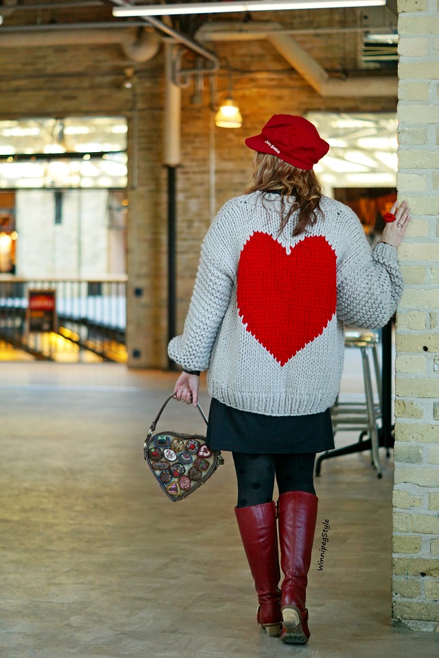 Winnipeg Style, Canadian fashion stylist blog, Chicwish key to my heart chunky hand knit cardigan sweater, Juicy Couture red wool newboy cap hat, Icing red crystal lip necklace, Winnipeg Forks Market, modern vintage style